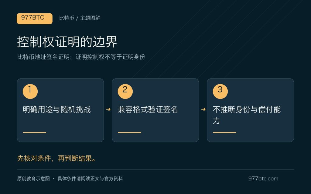 比特币地址签名证明：证明控制权不等于证明身份；主题示意配图