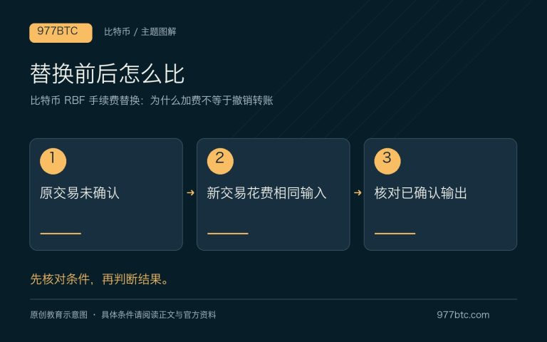 比特币 RBF 手续费替换：为什么加费不等于撤销转账；主题示意配图