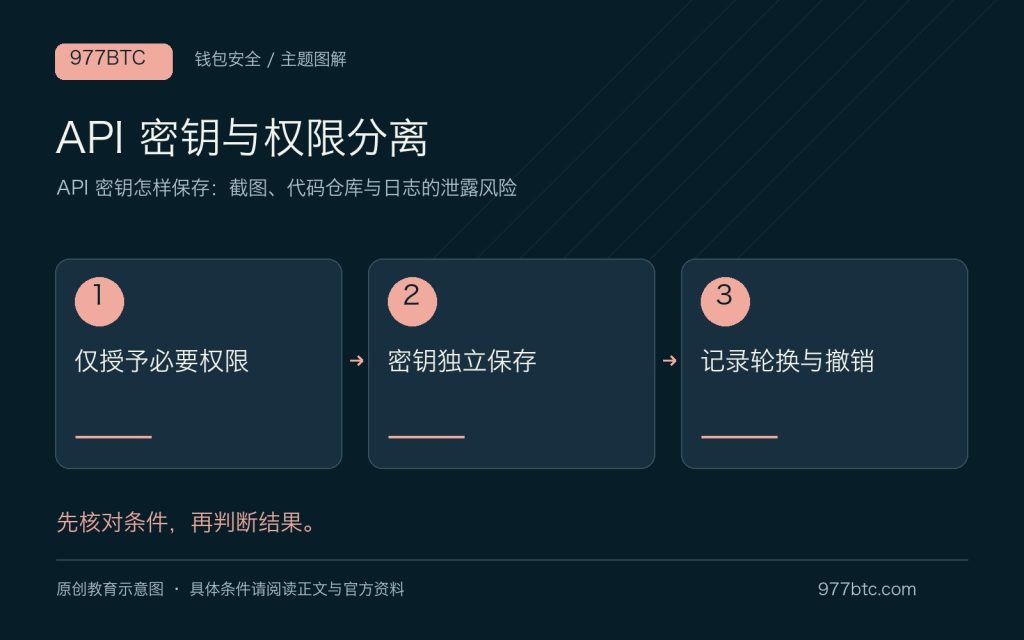 API 密钥怎样保存：截图、代码仓库与日志的泄露风险；主题示意配图