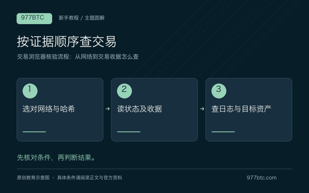 交易浏览器核验流程：从网络到交易收据怎么查；主题示意配图