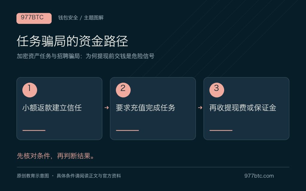 加密资产任务与招聘骗局：为何提现前交钱是危险信号；主题示意配图