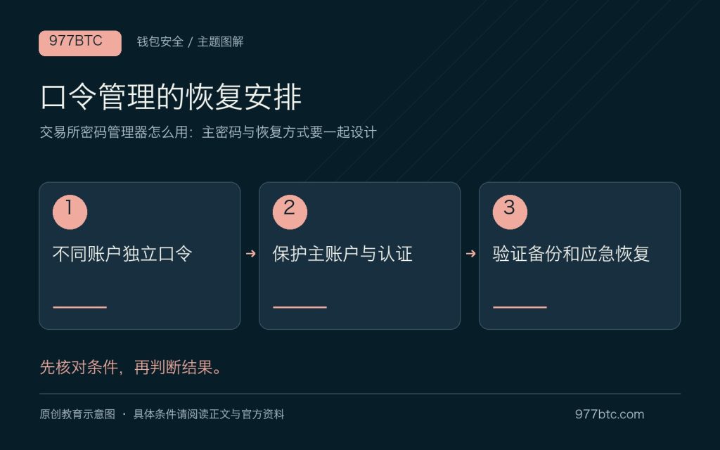 交易所密码管理器怎么用：主密码与恢复方式要一起设计；主题示意配图