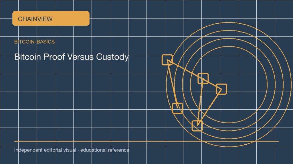أساسيات بيتكوين · العربية：On-Chain Proof Versus Custody: What a Bitcoin Record Can Show; independent editorial visual