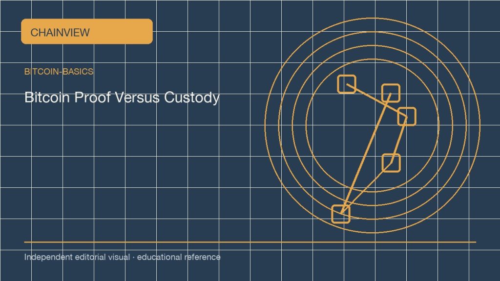 Fundamentos de Bitcoin · Español (México)：On-Chain Proof Versus Custody: What a Bitcoin Record Can Show; independent editorial visual