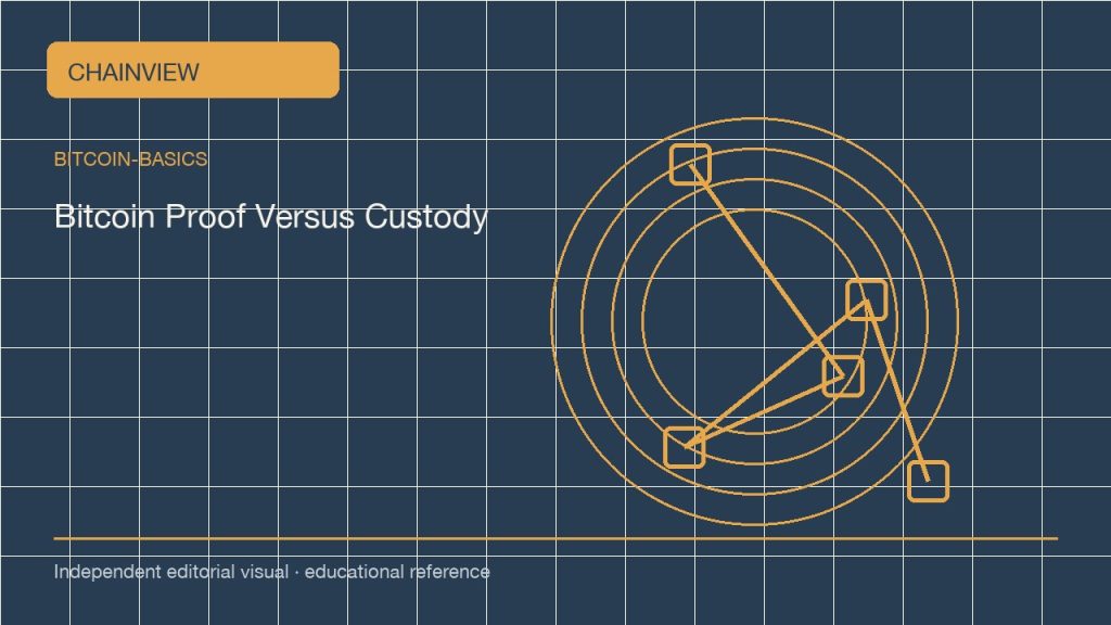 비트코인 기초 · 한국어판: On-Chain Proof Versus Custody: What a Bitcoin Record Can Show; independent editorial visual