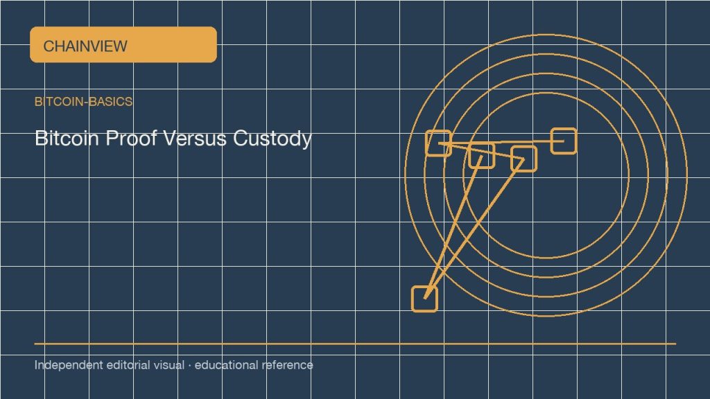 พื้นฐานบิตคอยน์ · ไทย：On-Chain Proof Versus Custody: What a Bitcoin Record Can Show; independent editorial visual