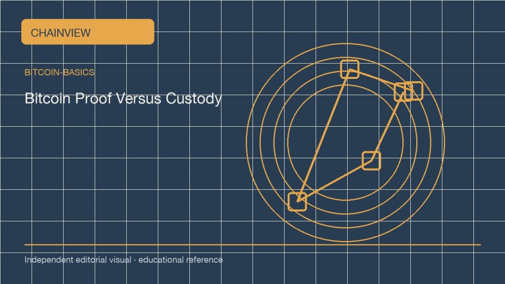 比特币基础 · 简体中文：On-Chain Proof Versus Custody: What a Bitcoin Record Can Show; independent editorial visual
