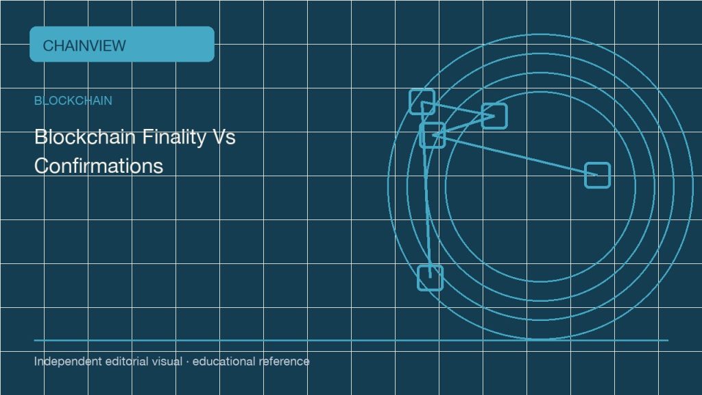 Blockchain · Español (México)版:Finality versus confirmations: a practical language for settlement risk; independent editorial visual