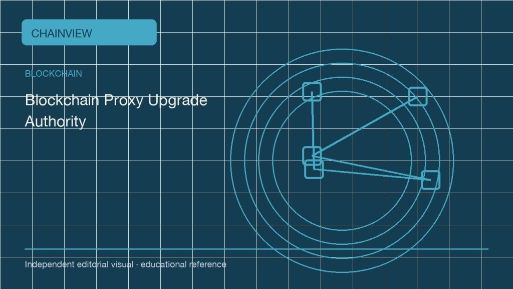 블록체인 · 한국어판: Upgradeable contracts: follow the administrator behind a stable address; independent editorial visual