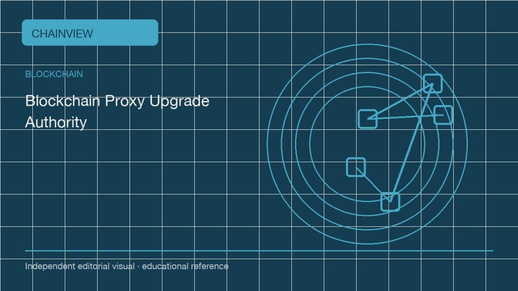 区块链 · 简体中文版：Upgradeable contracts: follow the administrator behind a stable address; independent editorial visual