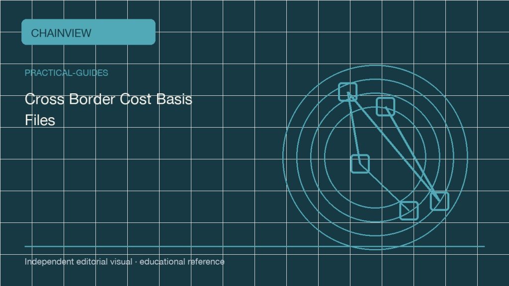 أدلة عملية · العربية:Cross-Border Crypto Cost-Basis Files: Preserve Facts Before Interpretation; independent editorial visual