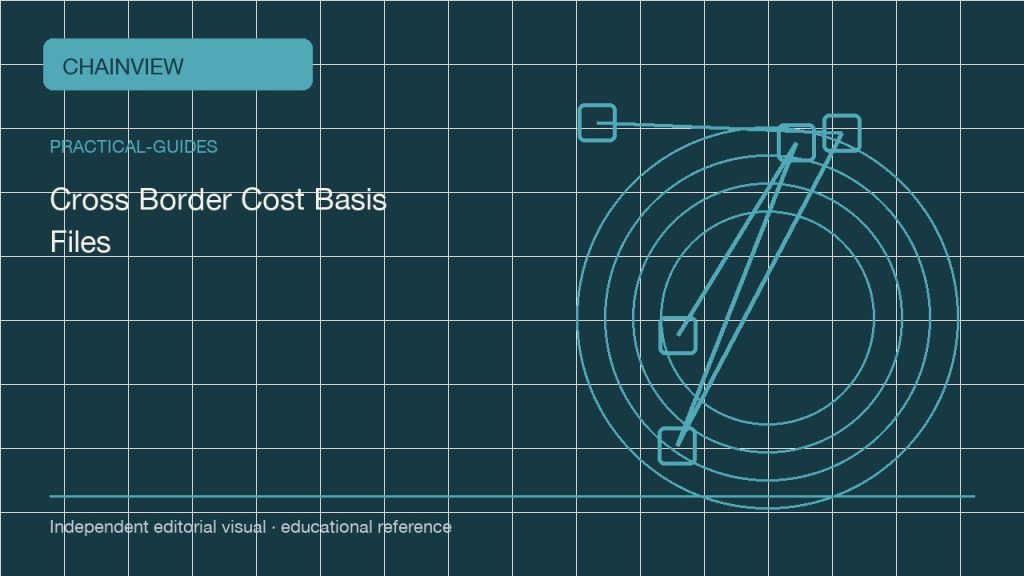 Guías prácticas · Español (México):Cross-Border Crypto Cost-Basis Files: Preserve Facts Before Interpretation; independent editorial visual