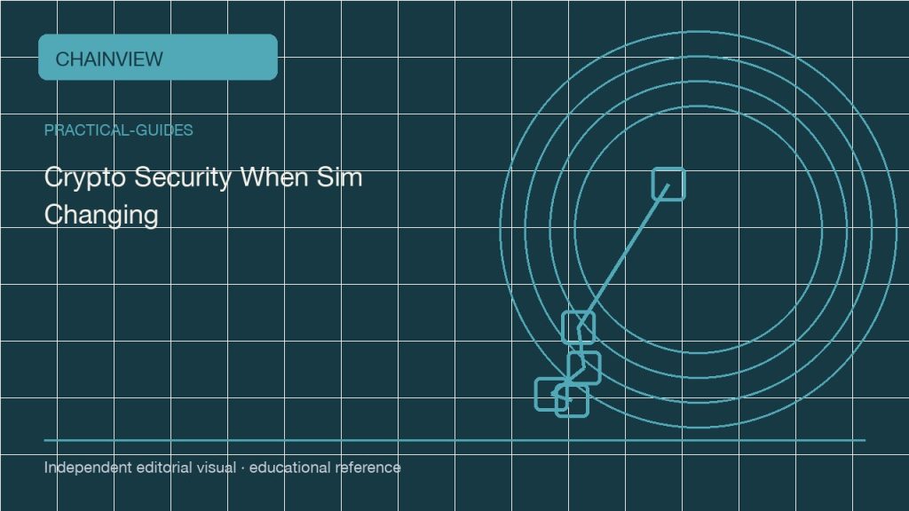 실용 가이드 · 한국어판: Crypto Account Security When Changing SIM Cards or Phones; independent editorial visual