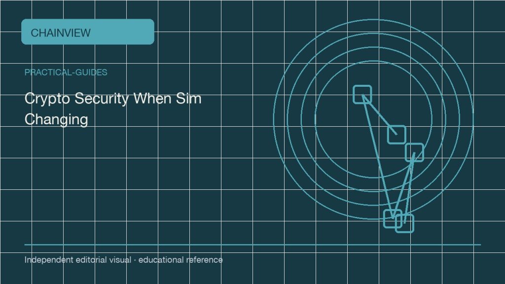 实用指南 · 简体中文:Crypto Account Security When Changing SIM Cards or Phones; independent editorial visual