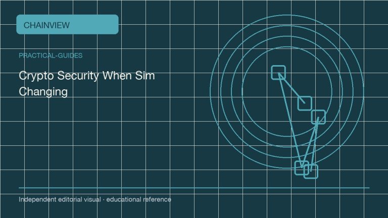 实用指南 · 简体中文:Crypto Account Security When Changing SIM Cards or Phones; independent editorial visual