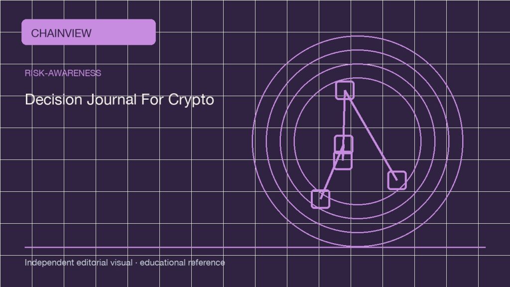 Conciencia de riesgos · Español (México):A Crypto Decision Journal: Reduce Hindsight and Record Uncertainty; independent editorial visual