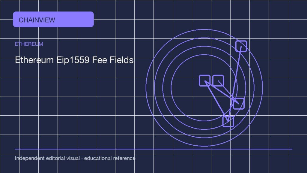 Ethereum EIP-1559 fee fields: base fee, priority fee and the inclusion limit; independent editorial visual