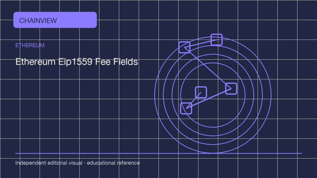 이더리움 · 한국어판: Ethereum EIP-1559 fee fields: base fee, priority fee and the inclusion limit; independent editorial visual