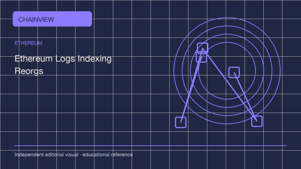이더리움 · 한국어판: Reading Ethereum event logs: topics, filters and chain reorganizations; independent editorial visual