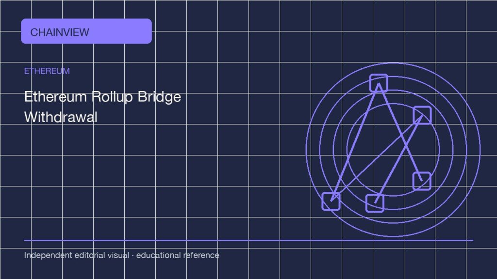 إيثيريوم · العربية版:Rollup bridge withdrawals: proving, waiting and checking the destination; independent editorial visual