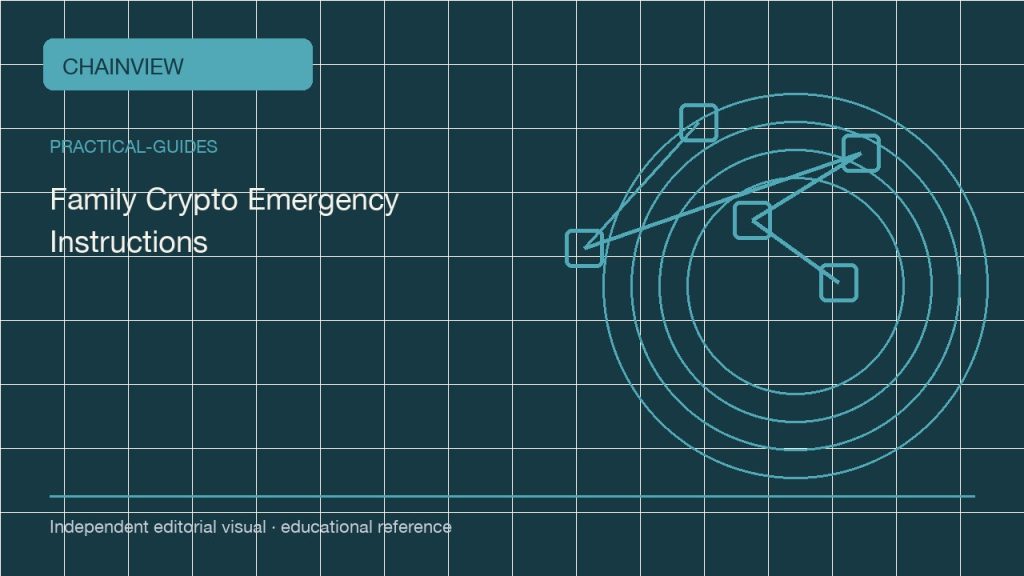 Guías prácticas · Español (México)：Family Crypto Emergency Instructions Without Publishing a Seed; independent editorial visual
