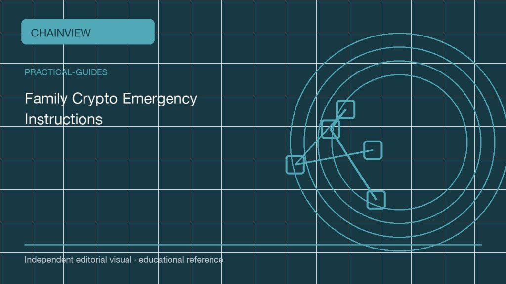 실용 가이드 · 한국어판: Family Crypto Emergency Instructions Without Publishing a Seed; independent editorial visual
