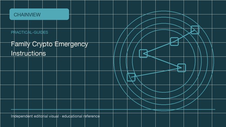 实用指南 · 简体中文:Family Crypto Emergency Instructions Without Publishing a Seed; independent editorial visual