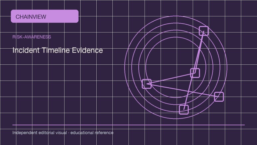 الوعي بالمخاطر · العربية:Crypto Incident Timelines: Build Evidence Before Repeating a Rumor; independent editorial visual