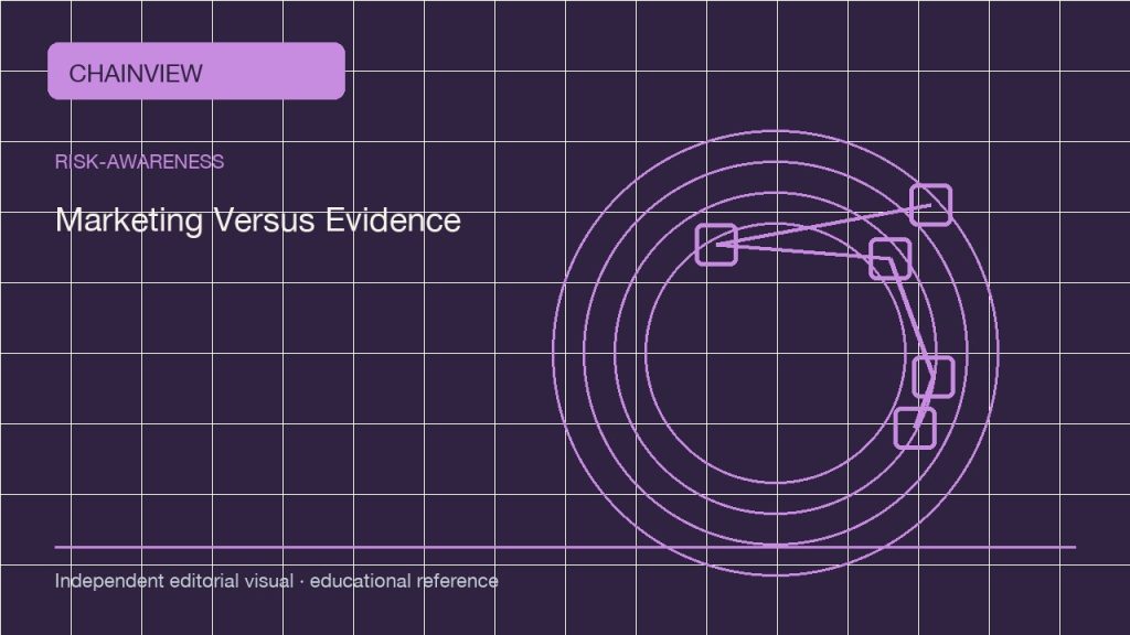 الوعي بالمخاطر · العربية：Crypto Marketing Versus Evidence: Read Claims Before You Share Them; independent editorial visual