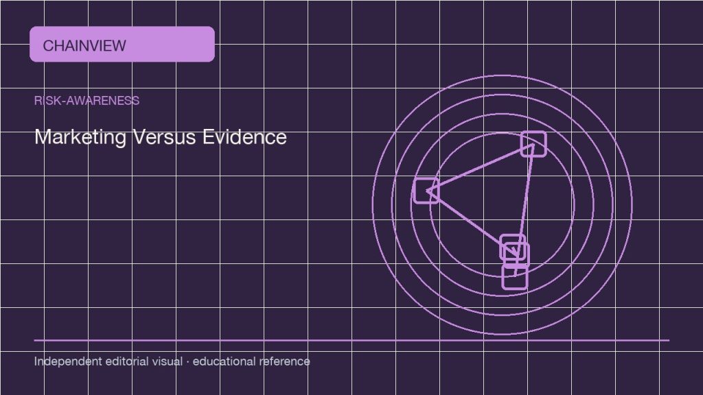 Conciencia de riesgos · Español (México)：Crypto Marketing Versus Evidence: Read Claims Before You Share Them; independent editorial visual