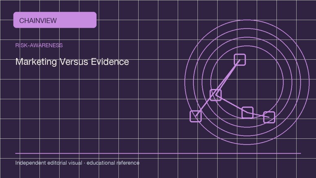 위험 인식 · 한국어판: Crypto Marketing Versus Evidence: Read Claims Before You Share Them; independent editorial visual
