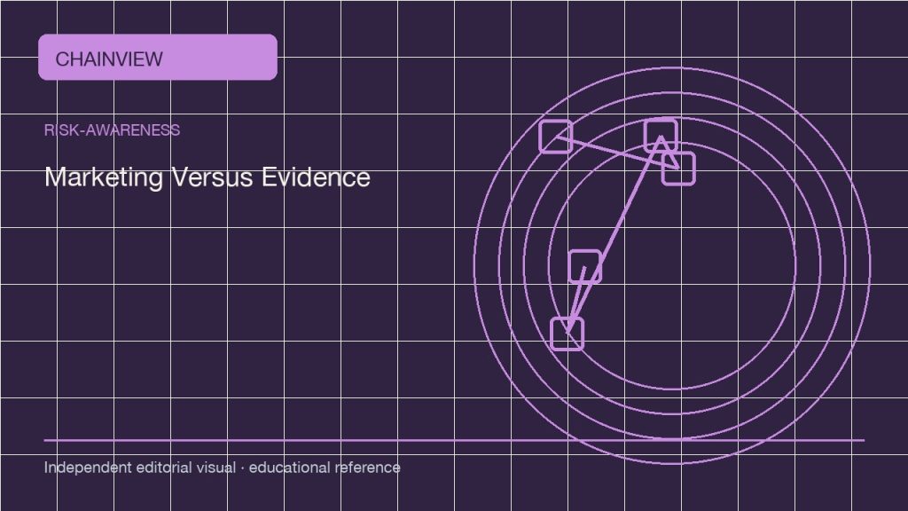 Оценка рисков · Русский:Crypto Marketing Versus Evidence: Read Claims Before You Share Them; independent editorial visual