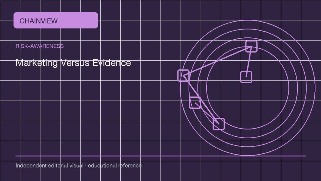 Nhận diện rủi ro · Tiếng Việt:Crypto Marketing Versus Evidence: Read Claims Before You Share Them; independent editorial visual