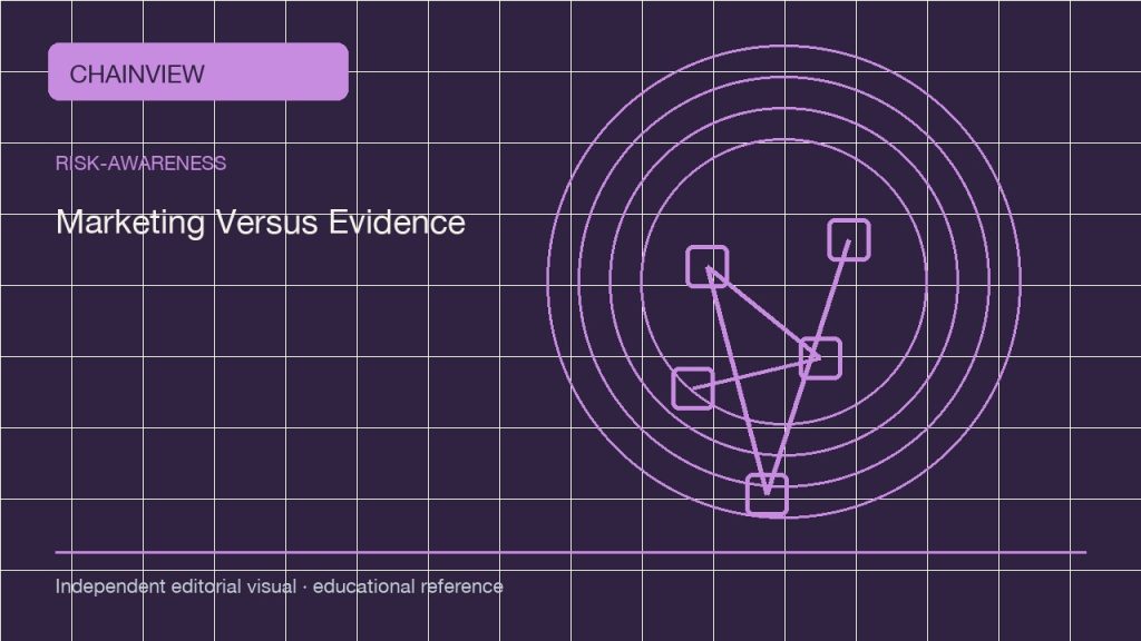 风险认知 · 简体中文:Crypto Marketing Versus Evidence: Read Claims Before You Share Them; independent editorial visual