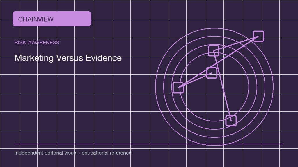 風險認知 · 繁體中文:Crypto Marketing Versus Evidence: Read Claims Before You Share Them; independent editorial visual