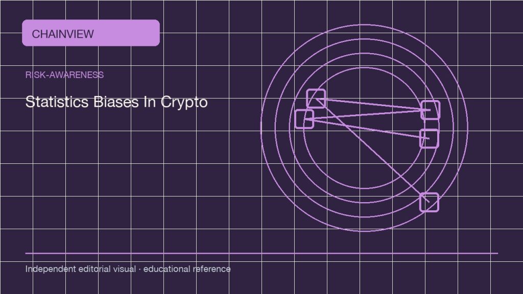 الوعي بالمخاطر · العربية:Statistics Biases in Crypto: Denominators, Survivorship, and Time Windows; independent editorial visual