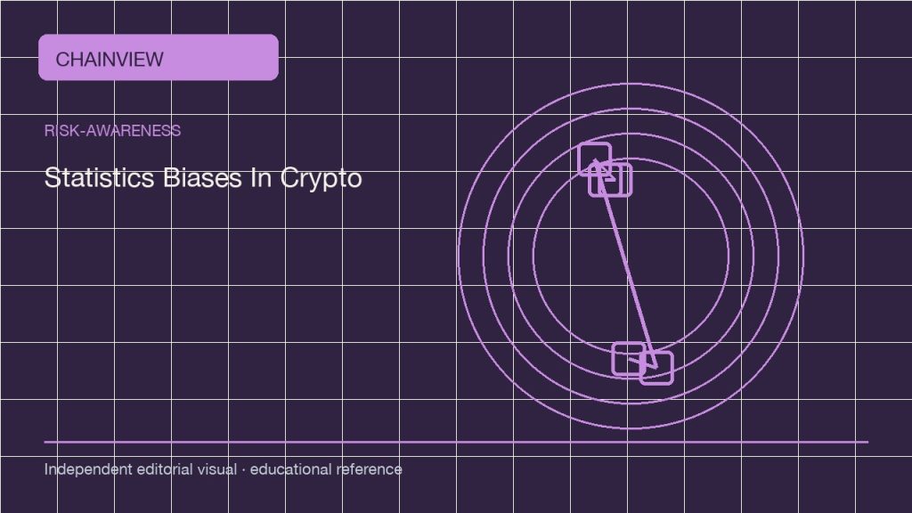 Conciencia de riesgos · Español (México)：Statistics Biases in Crypto: Denominators, Survivorship, and Time Windows; independent editorial visual