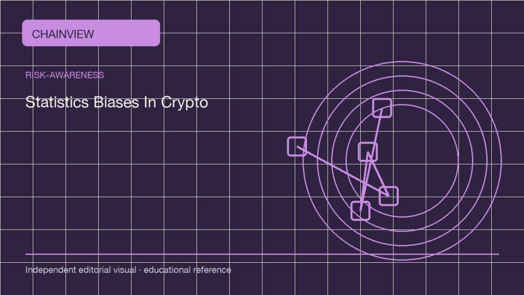 위험 인식 · 한국어판: Statistics Biases in Crypto: Denominators, Survivorship, and Time Windows; independent editorial visual