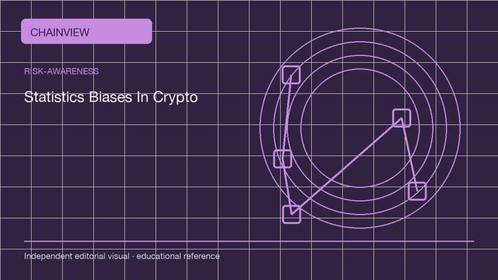 Nhận diện rủi ro · Tiếng Việt:Statistics Biases in Crypto: Denominators, Survivorship, and Time Windows; independent editorial visual