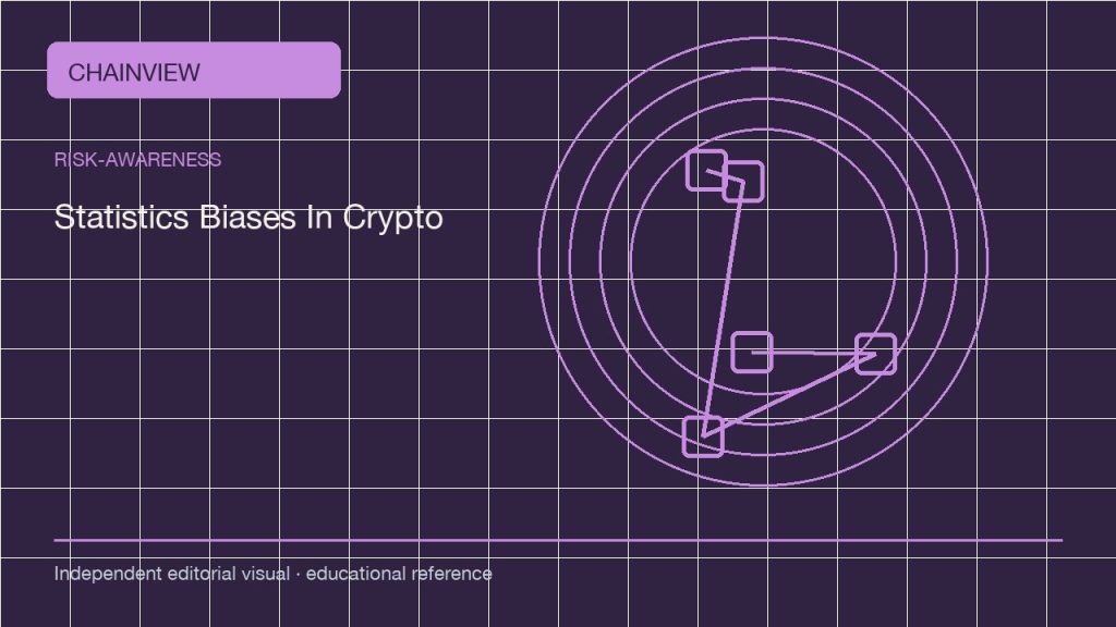 風險認知 · 繁體中文:Statistics Biases in Crypto: Denominators, Survivorship, and Time Windows; independent editorial visual