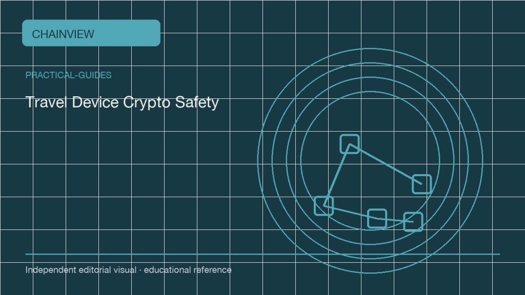 Guías prácticas · Español (México):Traveling With Crypto Devices: A Security Plan for Border Crossings; independent editorial visual