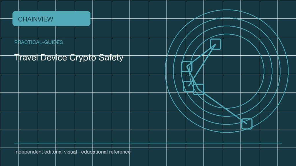實用指南 · 繁體中文:Traveling With Crypto Devices: A Security Plan for Border Crossings; independent editorial visual