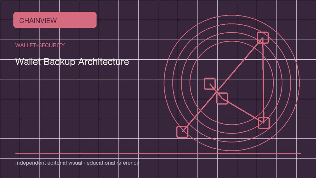 أمان المحفظة · العربية：Wallet Backup Architecture: Seed, Passphrase, and Geographic Copies; independent editorial visual