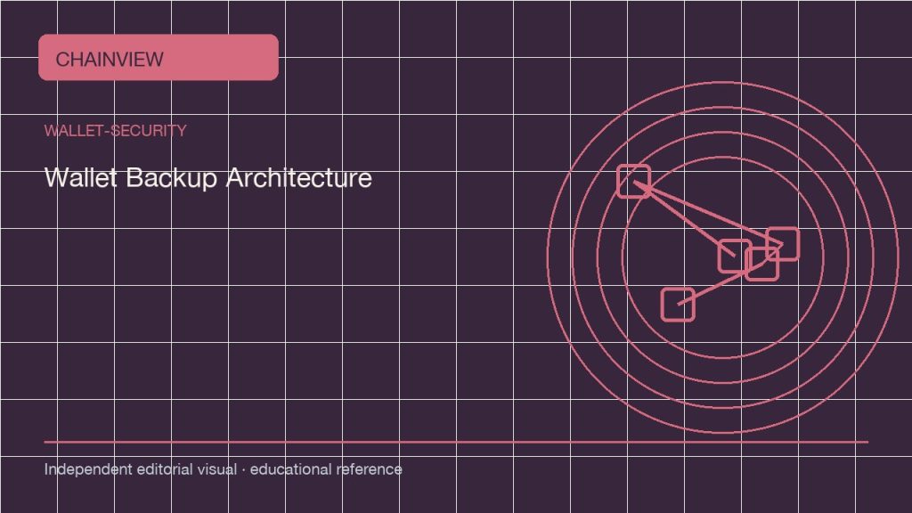 钱包安全 · 简体中文：Wallet Backup Architecture: Seed, Passphrase, and Geographic Copies; independent editorial visual