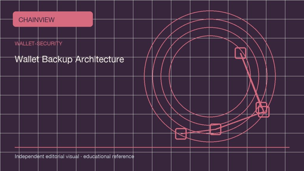 錢包安全 · 繁體中文:Wallet Backup Architecture: Seed, Passphrase, and Geographic Copies; independent editorial visual