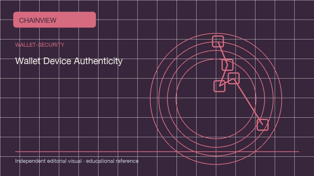 أمان المحفظة · العربية：Hardware Wallet Device Authenticity and Supply-Chain Checks; independent editorial visual