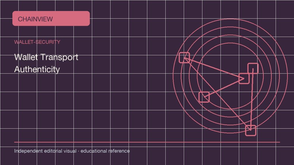 أمان المحفظة · العربية：Wallet Transport Authenticity: Verify the Package Before You Connect; independent editorial visual