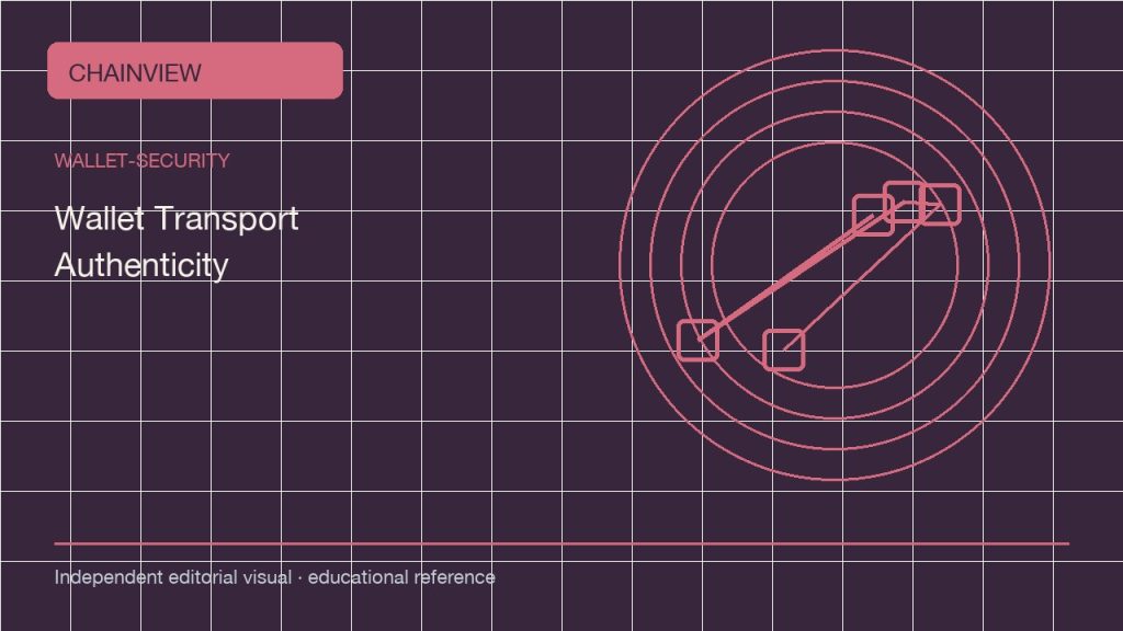 Безопасность кошелька · Русский：Wallet Transport Authenticity: Verify the Package Before You Connect; independent editorial visual