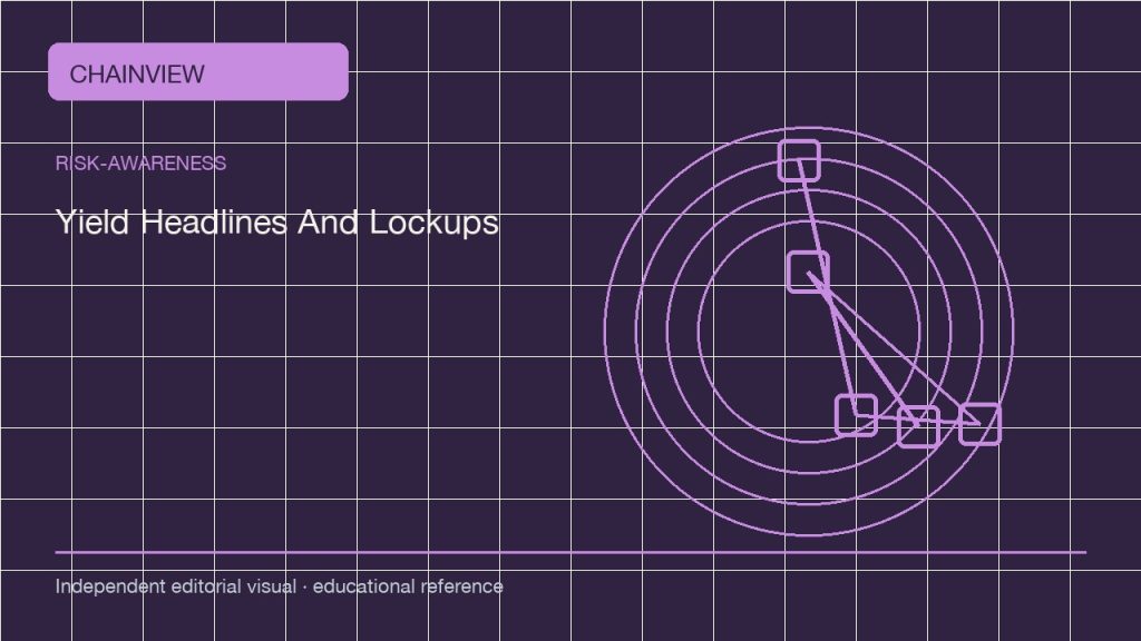 الوعي بالمخاطر · العربية:Yield Headlines: APY, Lockups, and Counterparty Exposure; independent editorial visual