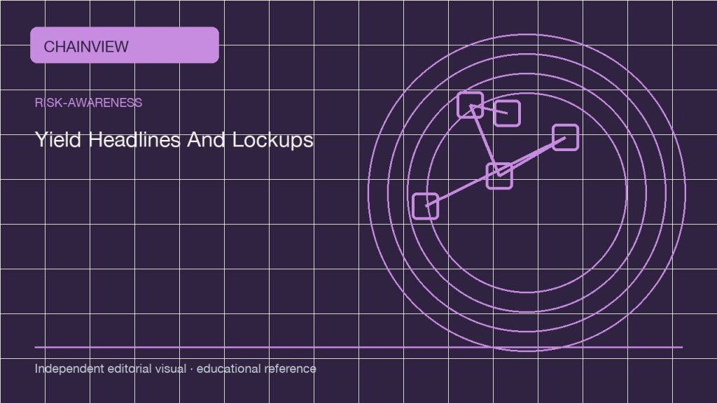 위험 인식 · 한국어판: Yield Headlines: APY, Lockups, and Counterparty Exposure; independent editorial visual